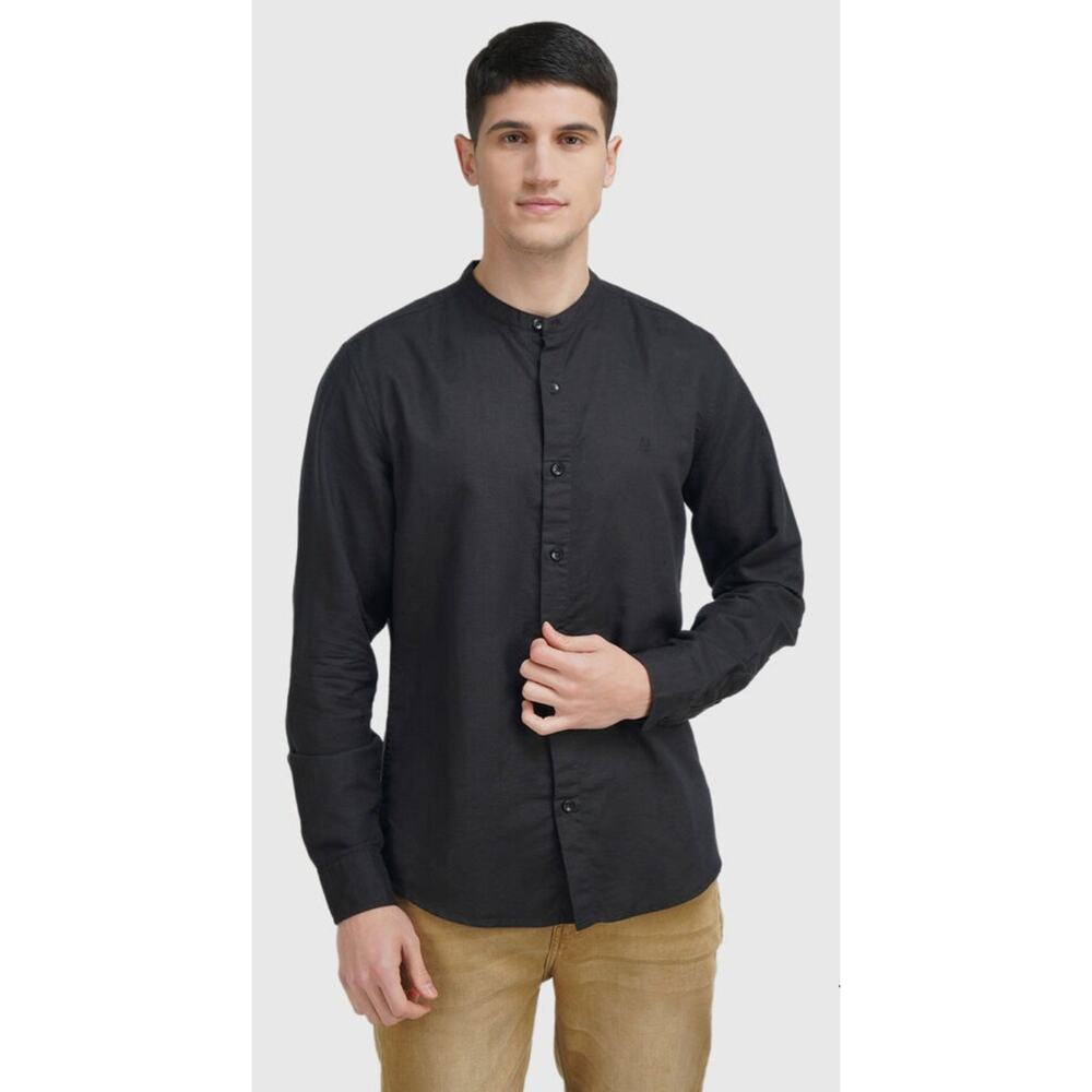 Linen United Colors of Benetton Black Grandad Collar Shirt XL Minimalist EUStyle